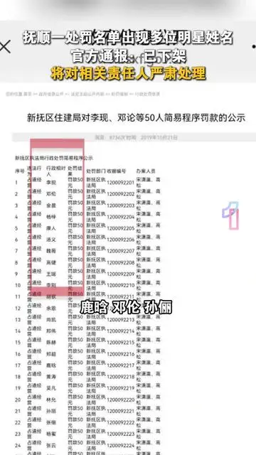 撫順一處罰名單出現(xiàn)多位明星姓名，官方通報：已下架，將對相關責任人嚴肅處理